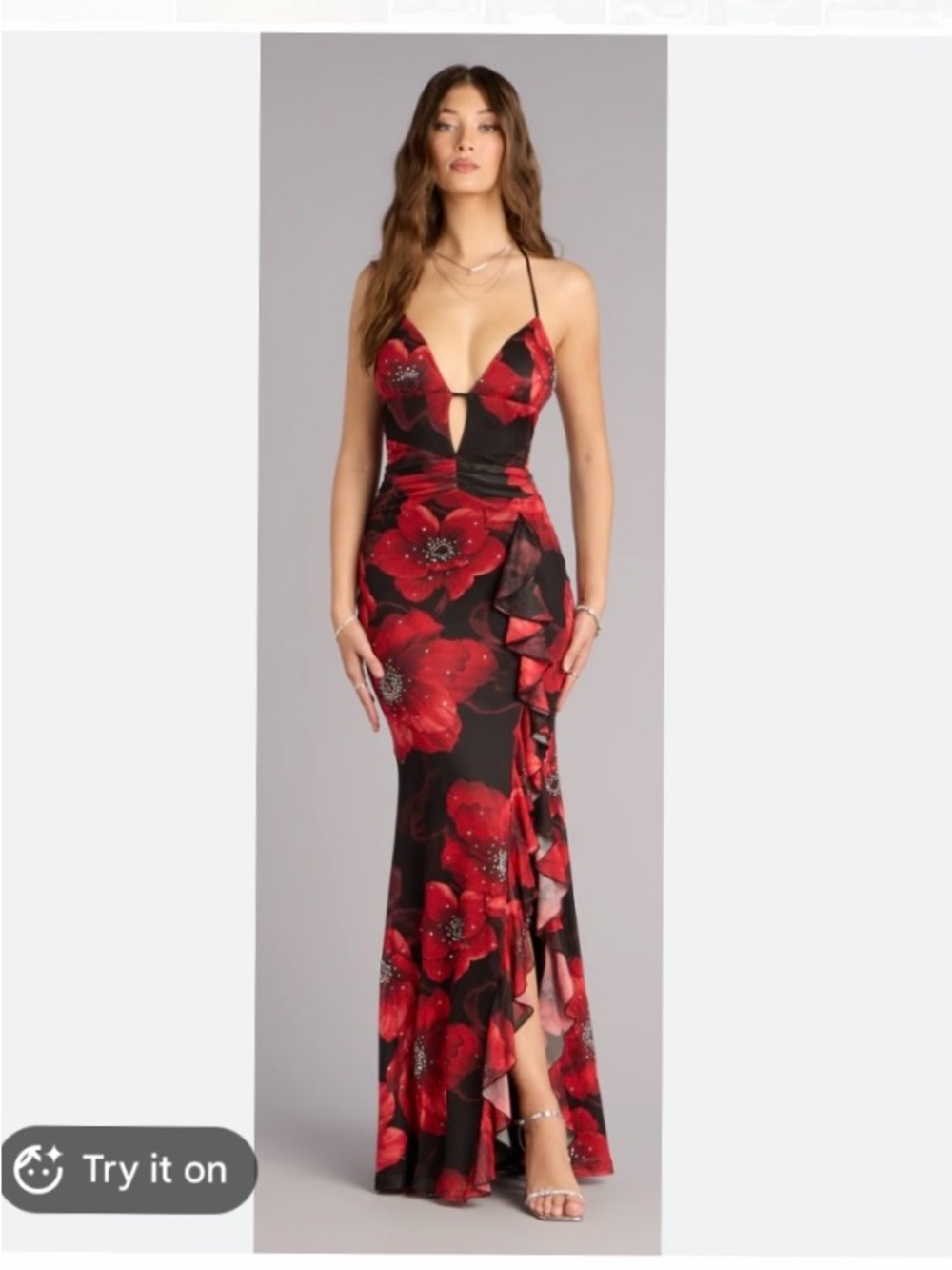 New Windsor Women Small  floral mermaid dress ,red poppy-like with Rhinestones
